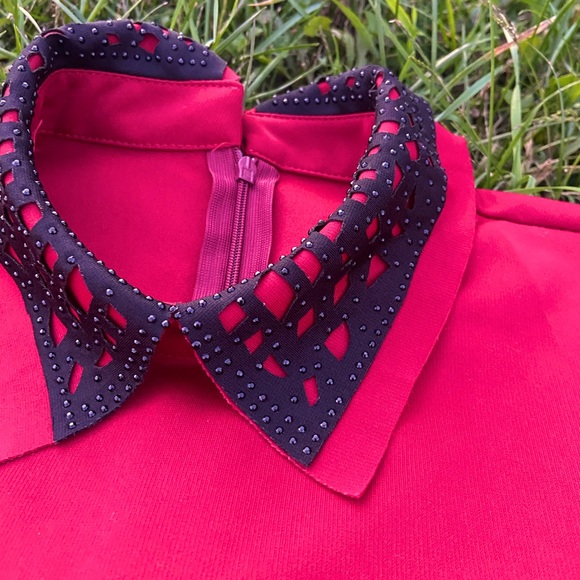 Deep Red Dress with Black Beaded Collar - Picture 4 of 5